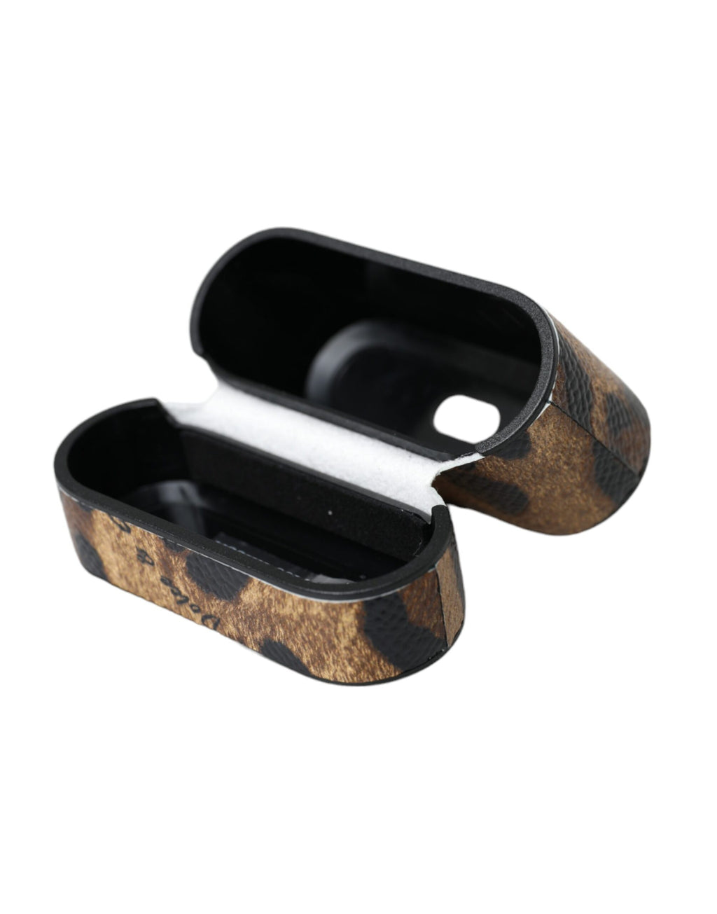 Étui AirPods Dolce & Gabbana en Cuir de Veau Léopard Marron avec Plaque Logo en Métal