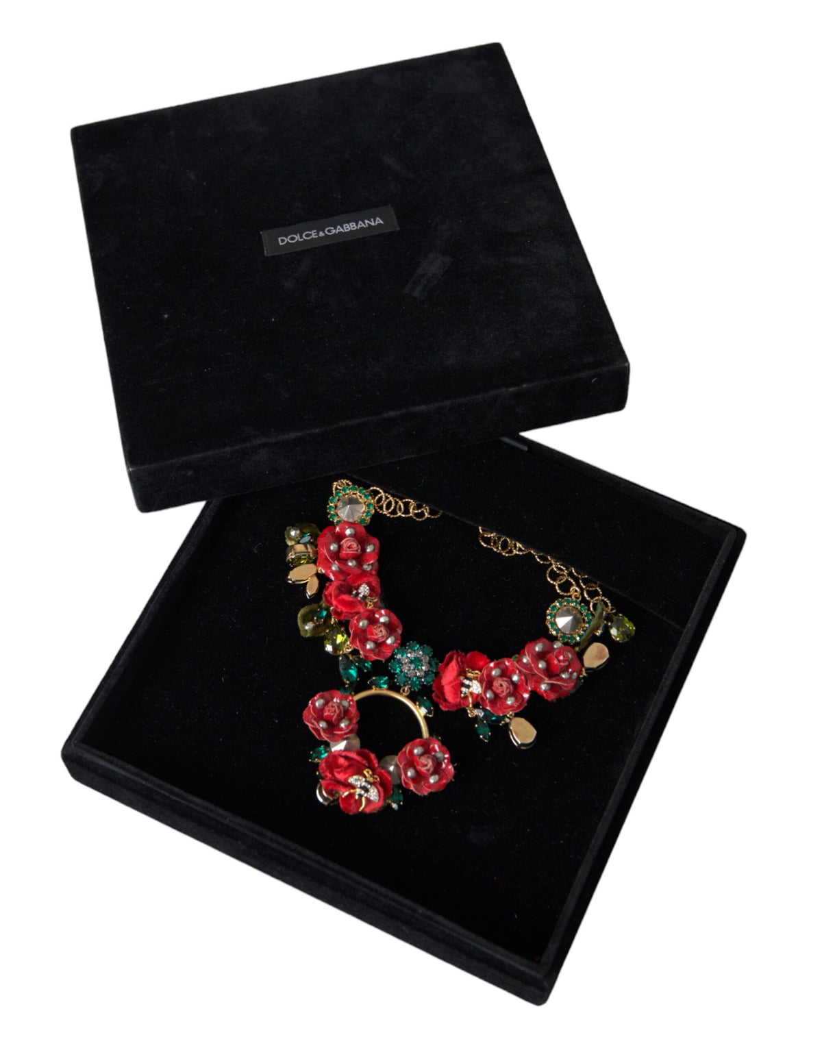Collier pendentif Dolce & Gabbana en laiton doré, à maillons et cristaux roses en forme de pétales