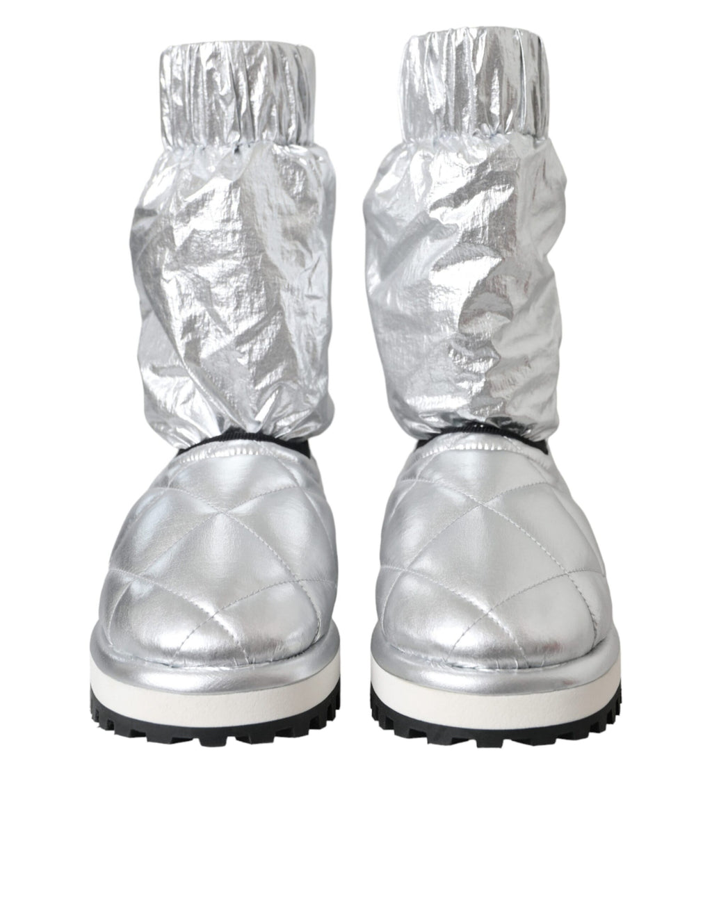 Chaussures bottes matelassées Dolce & Gabbana en cuir métallisé argenté avec logo