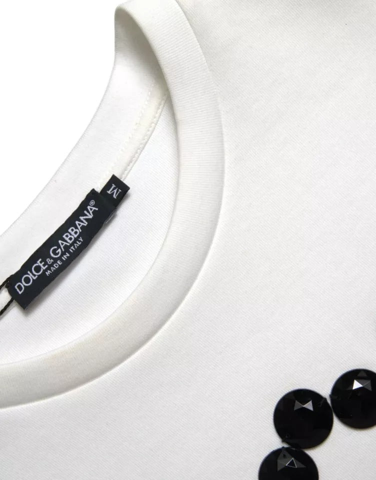T-shirt en coton blanc et cristaux noirs Dolce & Gabbana