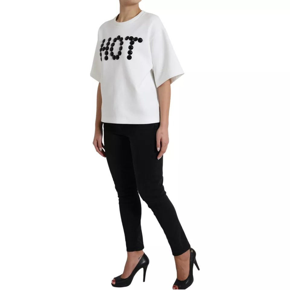 T-shirt en coton blanc et cristaux noirs Dolce & Gabbana