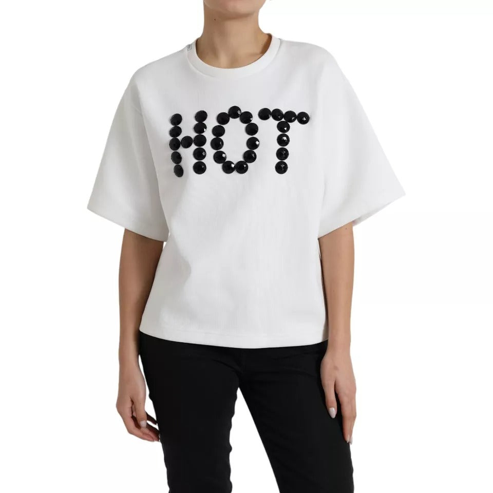 T-shirt en coton blanc et cristaux noirs Dolce & Gabbana