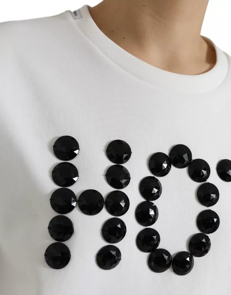 T-shirt en coton blanc et cristaux noirs Dolce & Gabbana