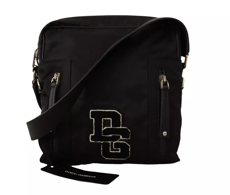 Dolce &amp; Gabbana – Schwarze Messenger-Umhängetasche aus Nylon und Leder mit DG-Logo-Patch