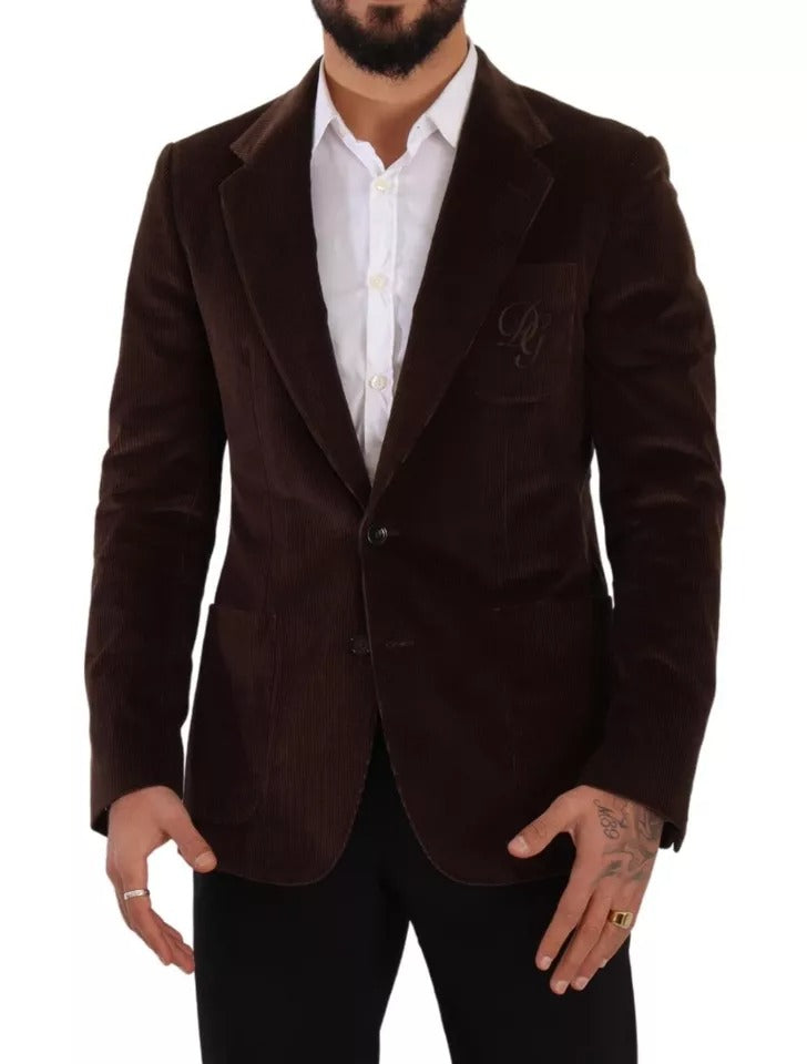 Blazer slim en velours côtelé marron Dolce & Gabbana avec logo DG
