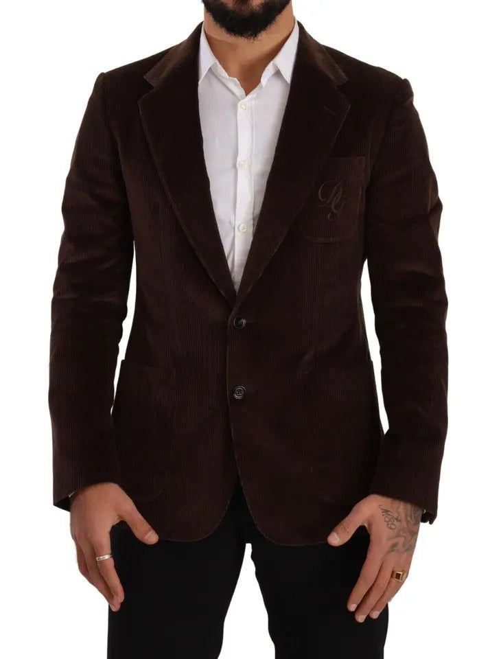 Blazer slim en velours côtelé marron Dolce & Gabbana avec logo DG