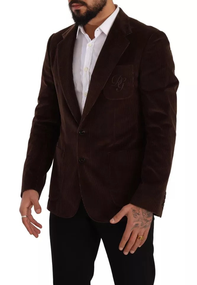 Blazer slim en velours côtelé marron Dolce & Gabbana avec logo DG