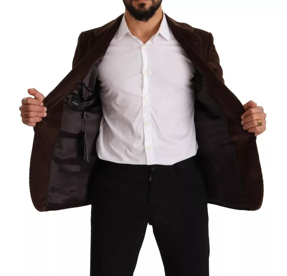 Blazer slim en velours côtelé marron Dolce & Gabbana avec logo DG