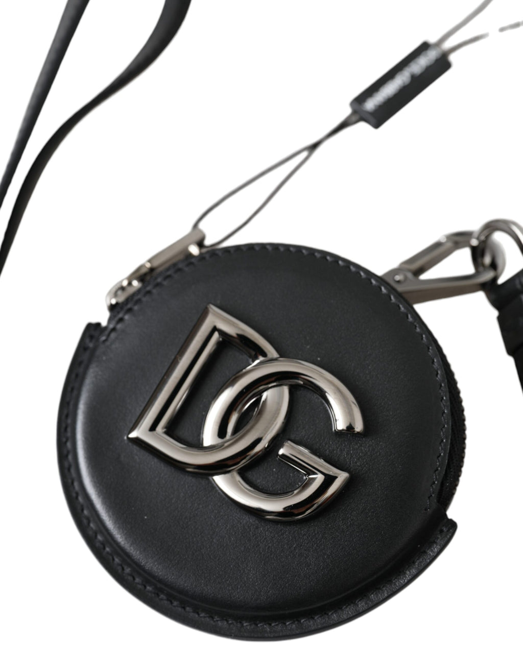 Dolce &amp; Gabbana – Schwarzes rundes Leder-Portemonnaie mit DG-Logo und Schlüsselband