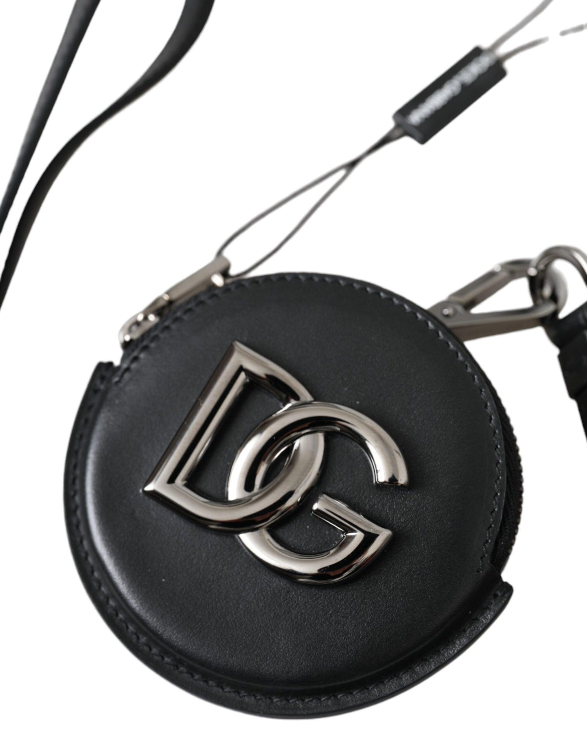 Dolce &amp; Gabbana – Schwarzes rundes Leder-Portemonnaie mit DG-Logo und Schlüsselband
