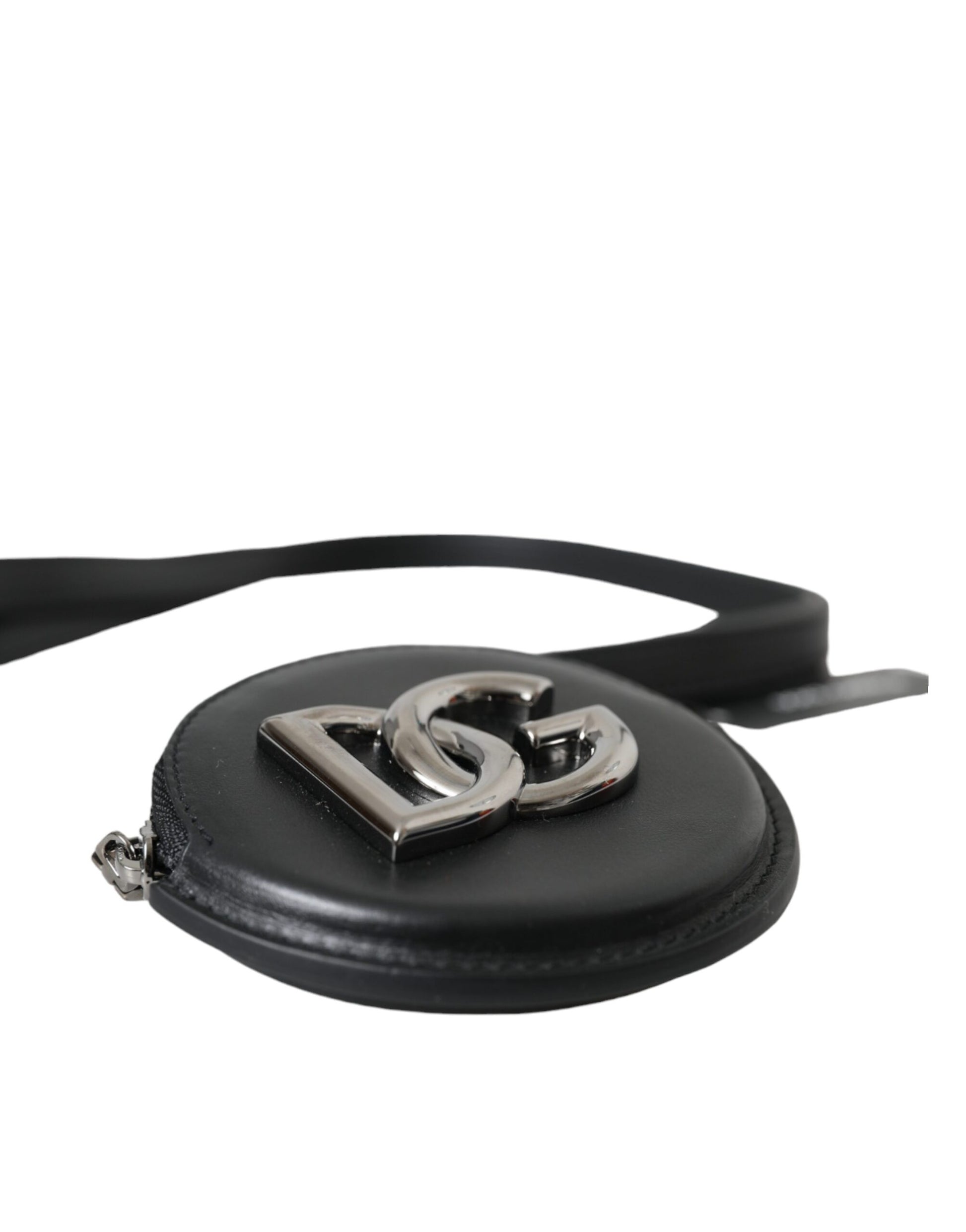 Dolce &amp; Gabbana – Schwarzes rundes Leder-Portemonnaie mit DG-Logo und Schlüsselband