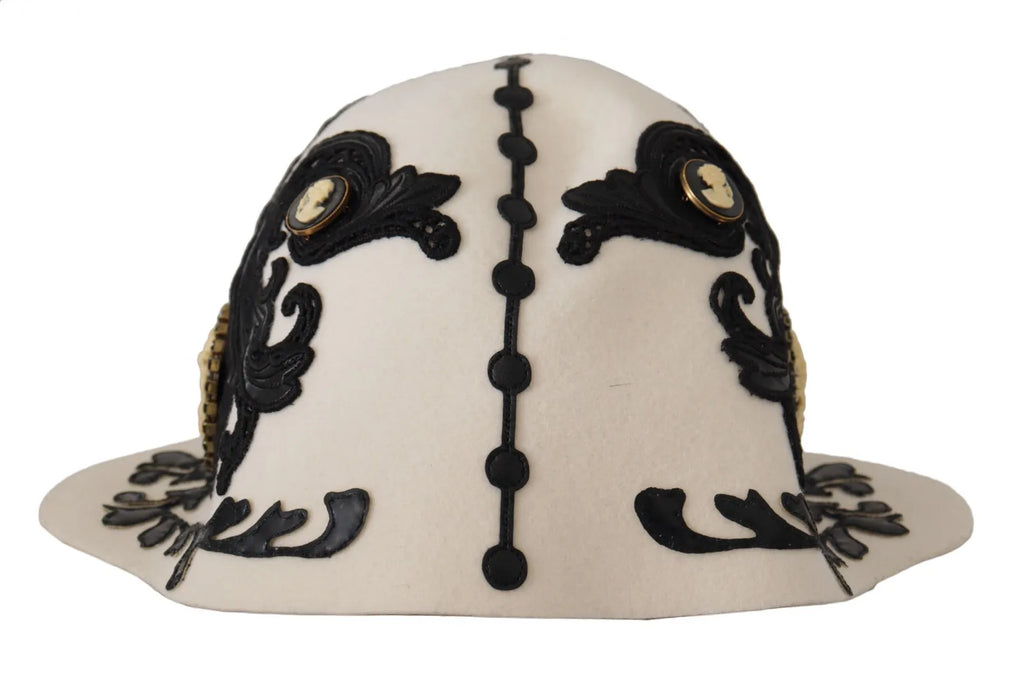 Chapeau Dolce & Gabbana en laine noire et blanche brodé d'un camée et broche