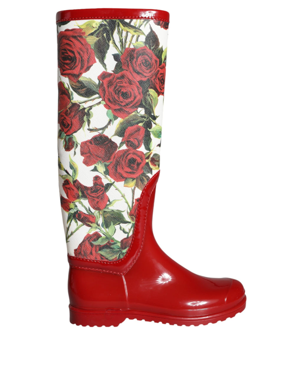 Bottes plates hautes en caoutchouc rouge à fleurs Dolce & Gabbana