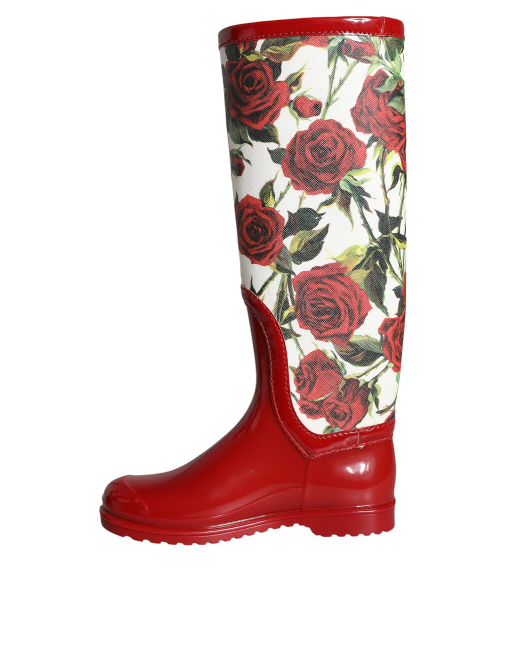 Bottes plates hautes en caoutchouc rouge à fleurs Dolce & Gabbana