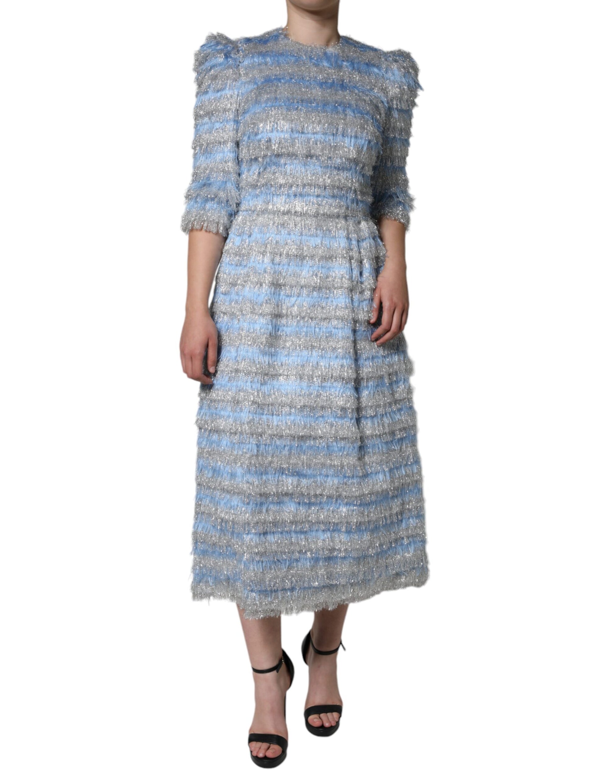Robe midi évasée Dolce & Gabbana en jacquard argenté Light Blue