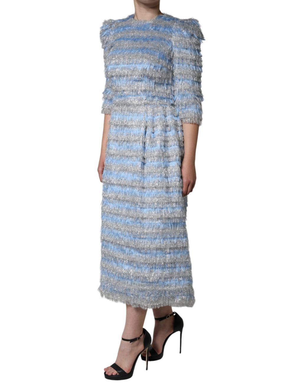 Robe midi évasée Dolce & Gabbana en jacquard argenté Light Blue
