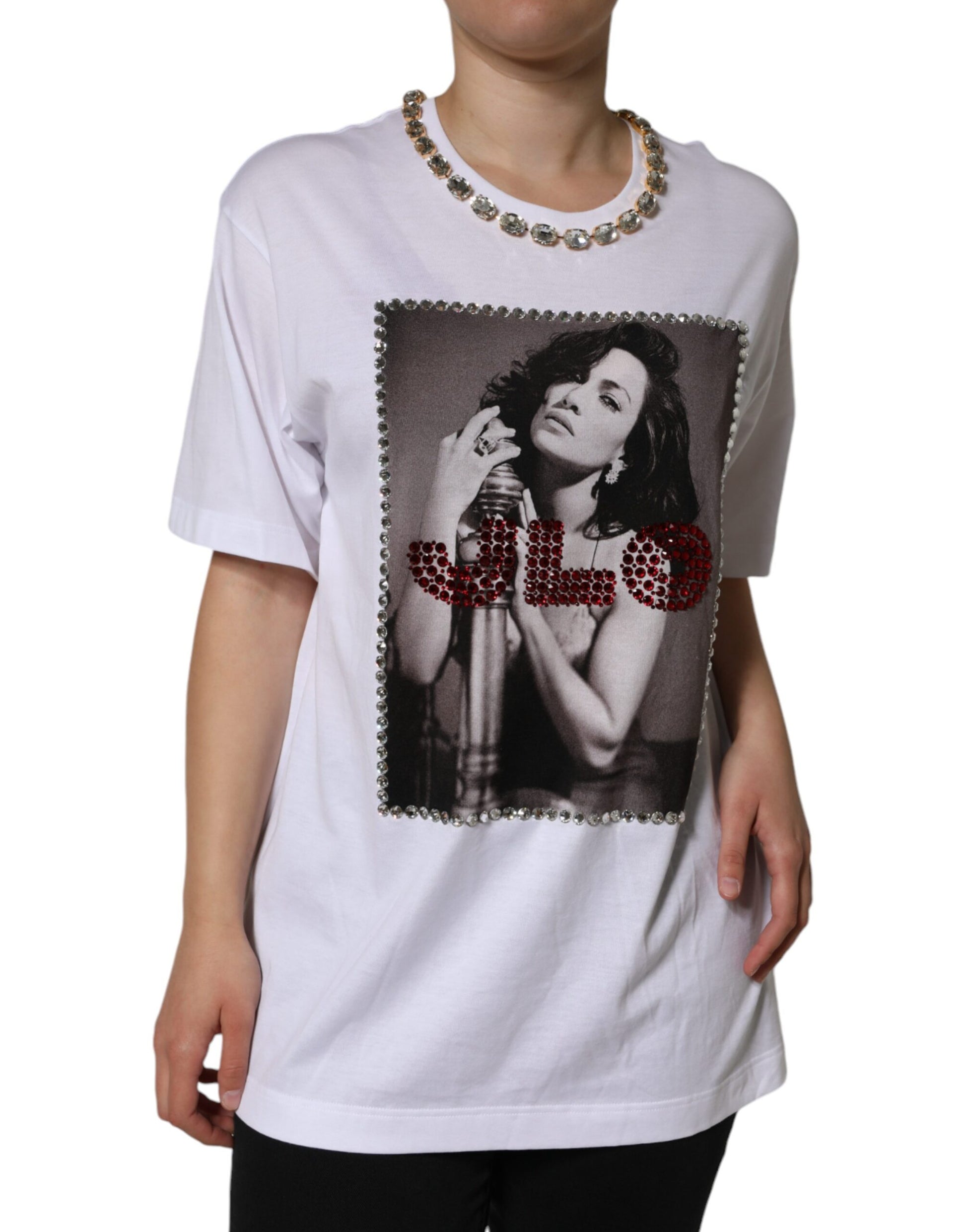 T-shirt imprimé Dolce & Gabbana avec encolure ornée de cristaux blancs