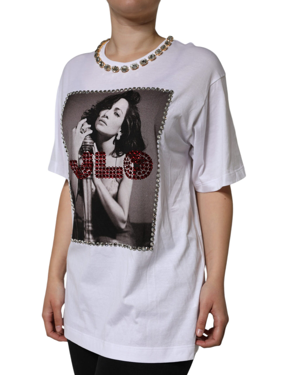 T-shirt imprimé Dolce & Gabbana avec encolure ornée de cristaux blancs