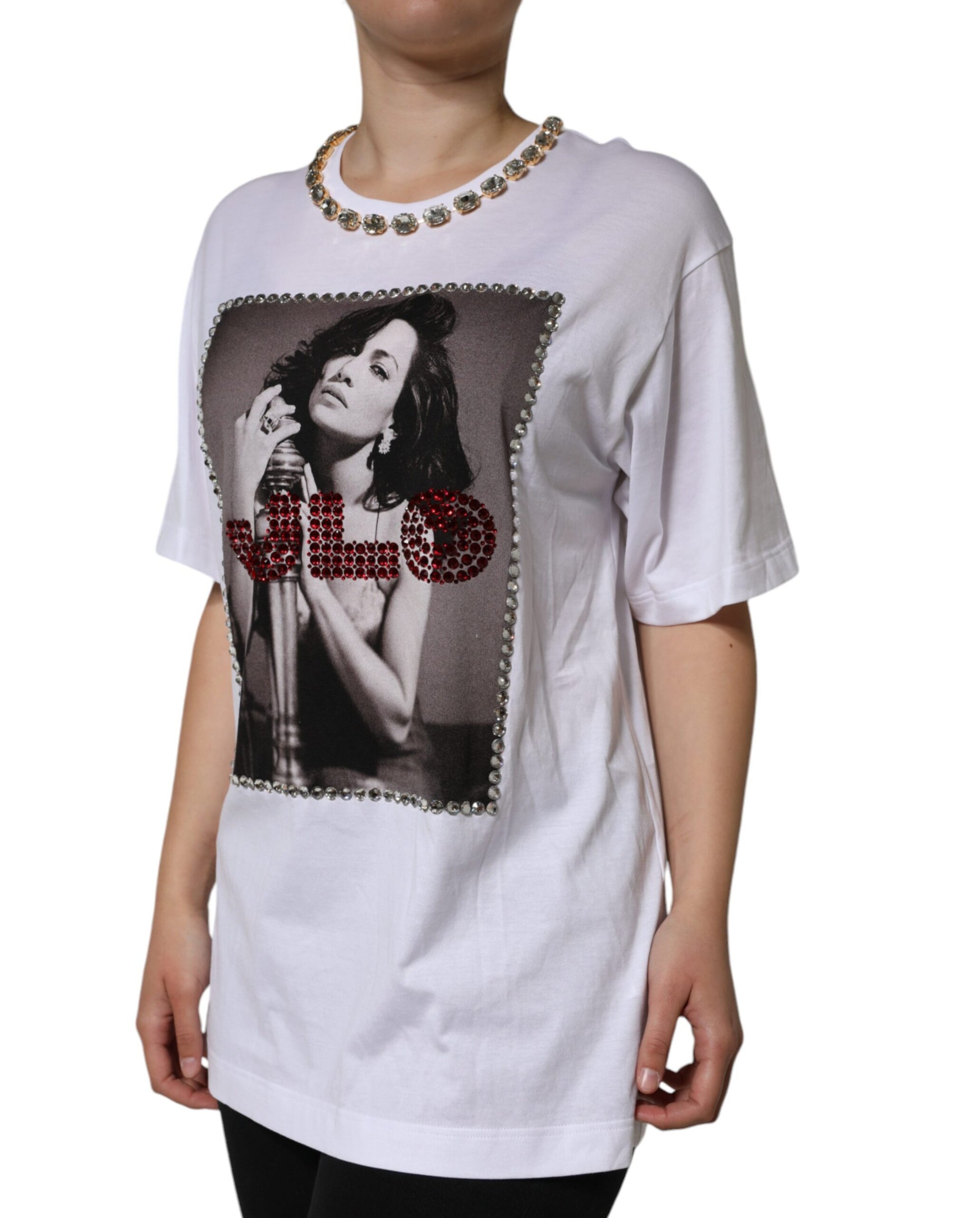 T-shirt imprimé Dolce & Gabbana avec encolure ornée de cristaux blancs