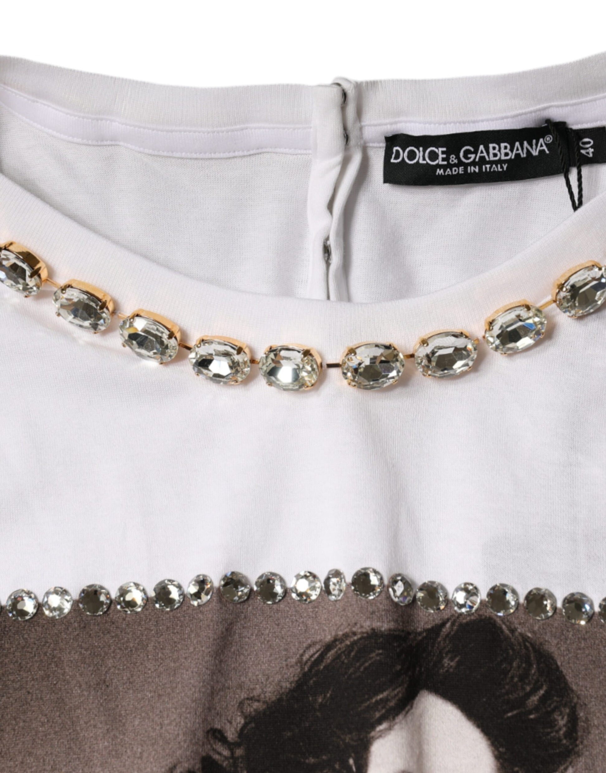 T-shirt imprimé Dolce & Gabbana avec encolure ornée de cristaux blancs