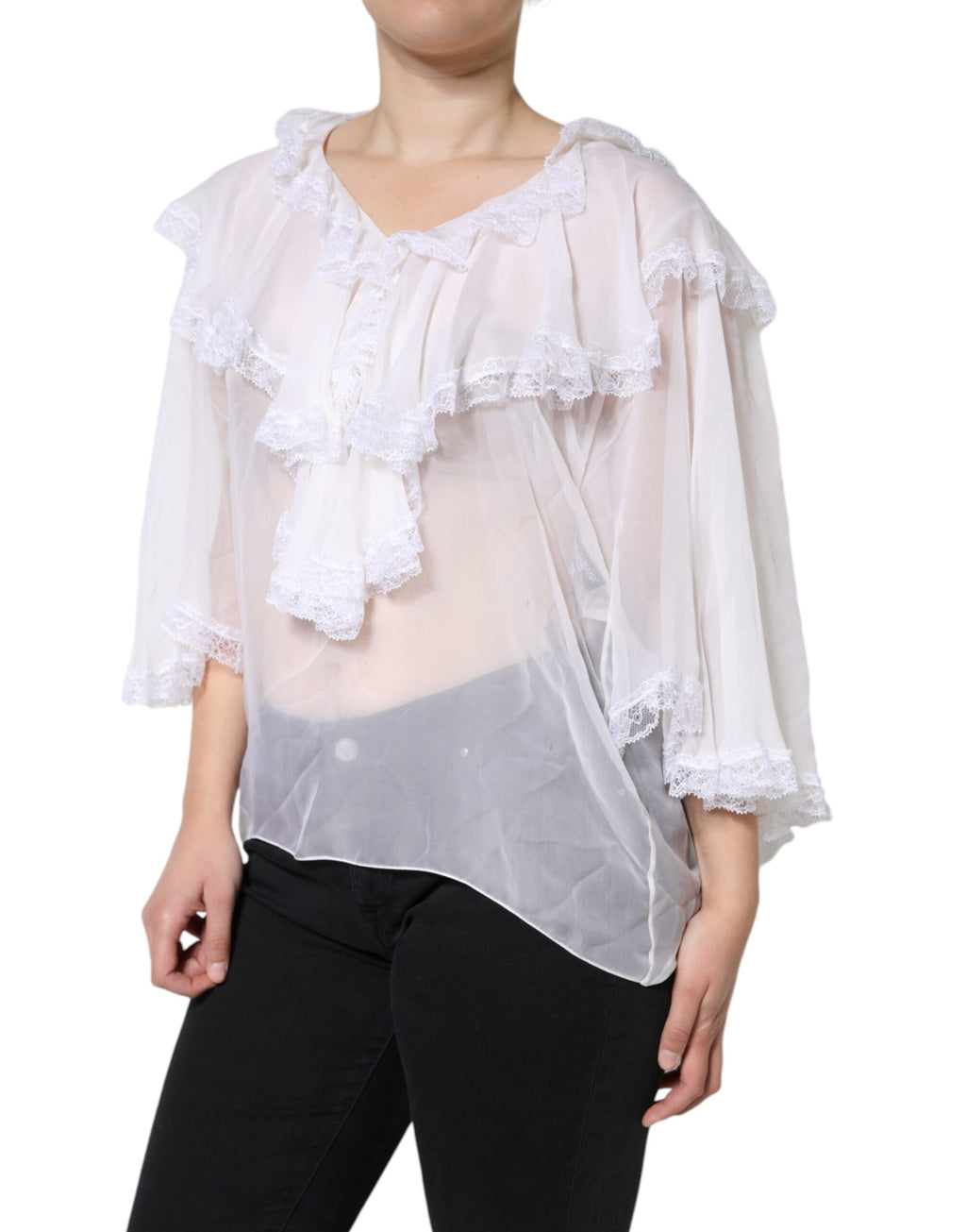 Chemisier blanc à manches longues en dentelle et volants Dolce & Gabbana
