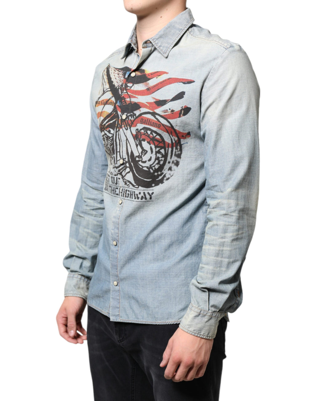Chemise en jean de coton imprimé bleu clair à manches longues John Galliano