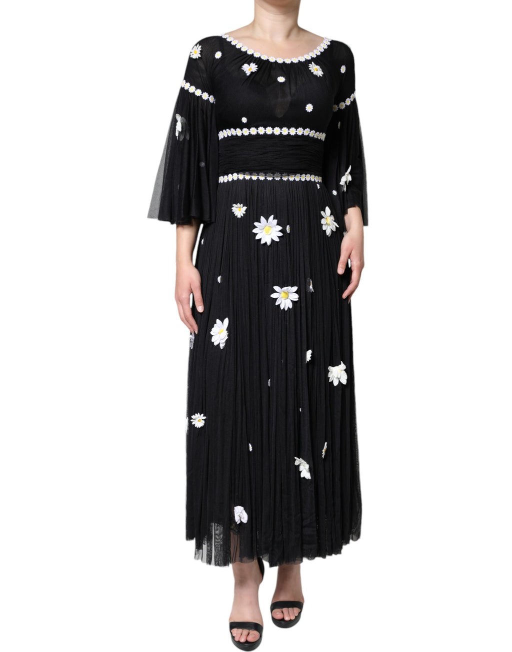 Robe longue trapèze Dolce & Gabbana en soie noire imprimé marguerites