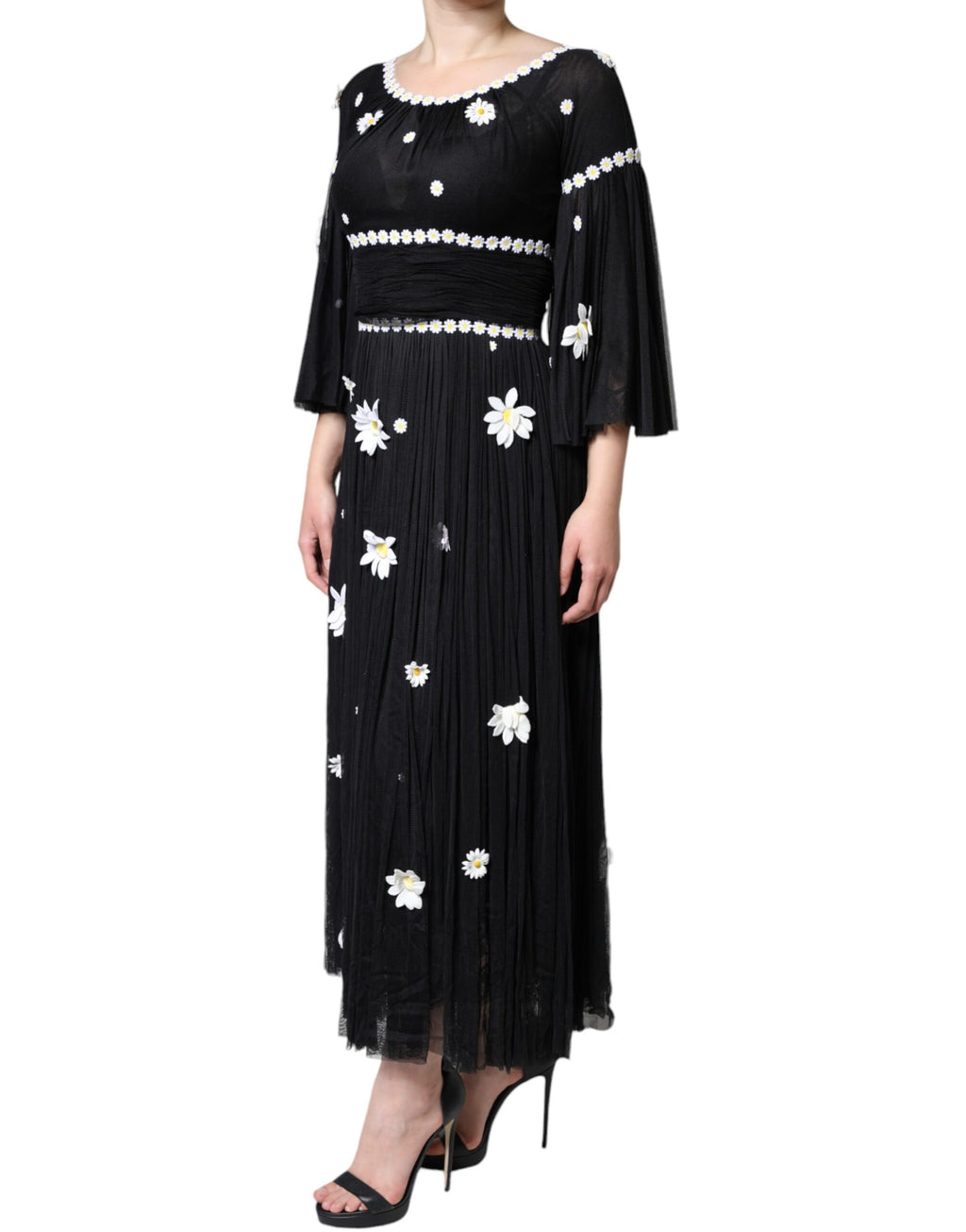 Robe longue trapèze Dolce & Gabbana en soie noire imprimé marguerites
