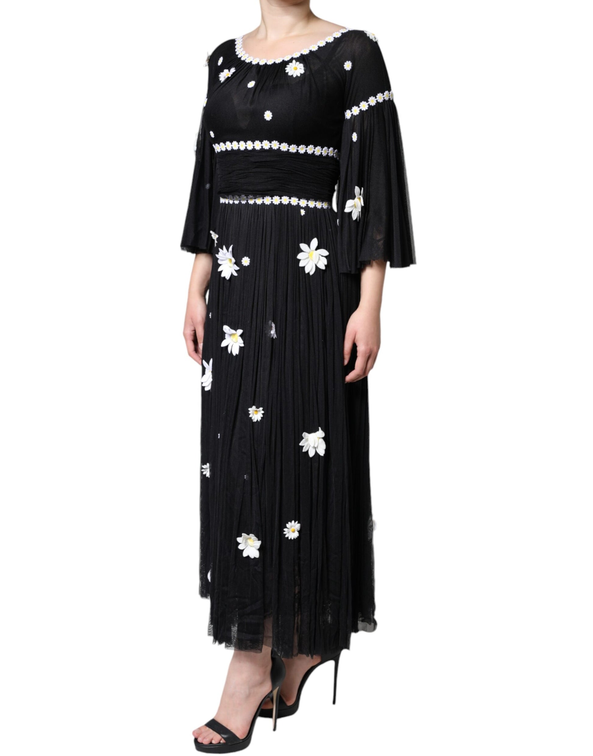 Robe longue trapèze Dolce & Gabbana en soie noire imprimé marguerites