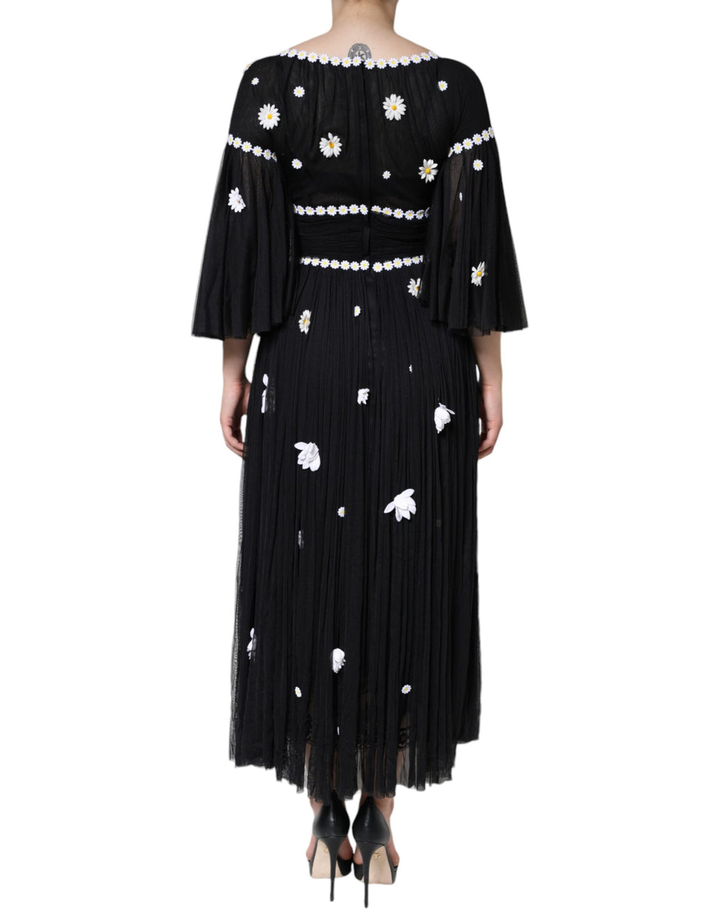Robe longue trapèze Dolce & Gabbana en soie noire imprimé marguerites