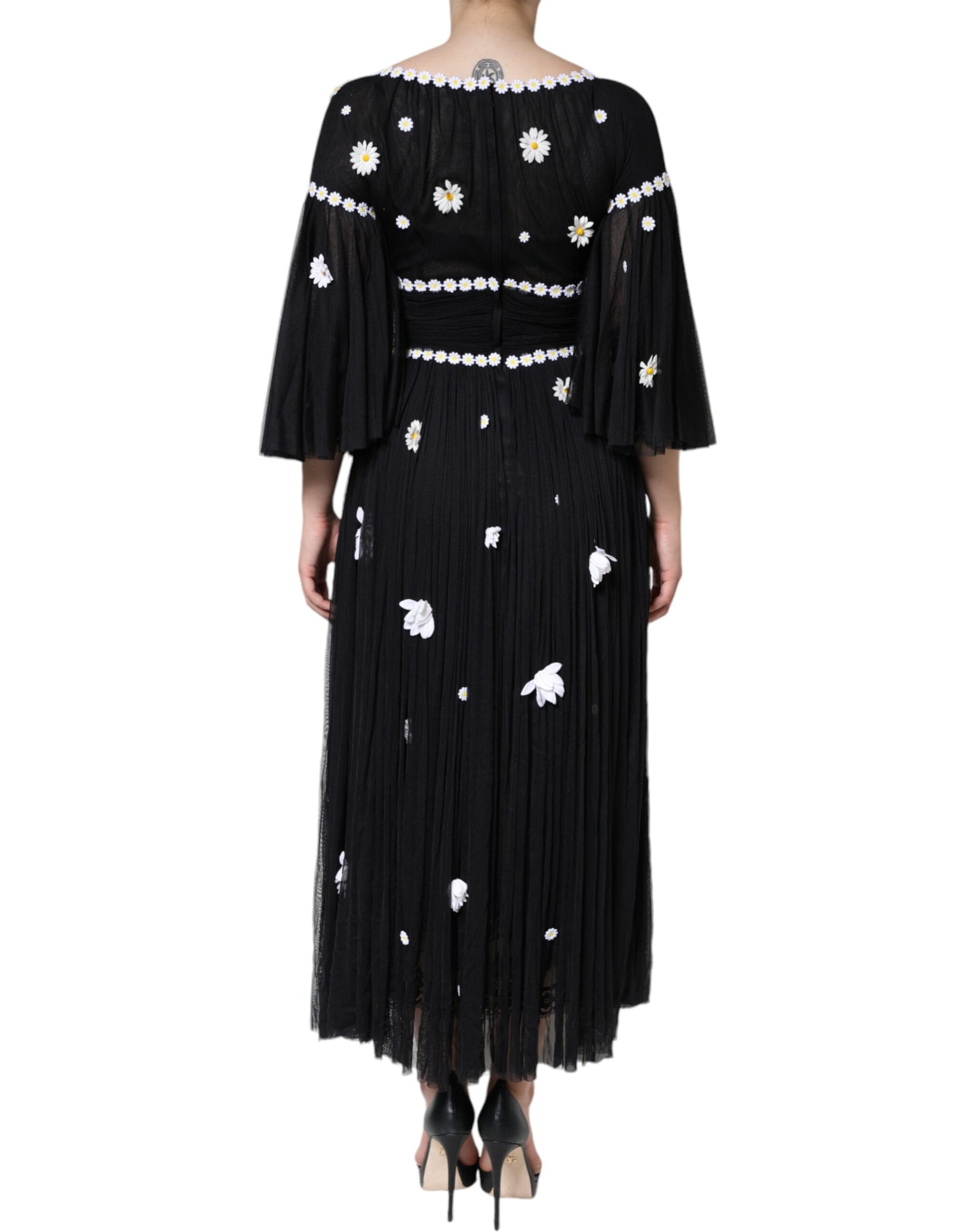 Robe longue trapèze Dolce & Gabbana en soie noire imprimé marguerites