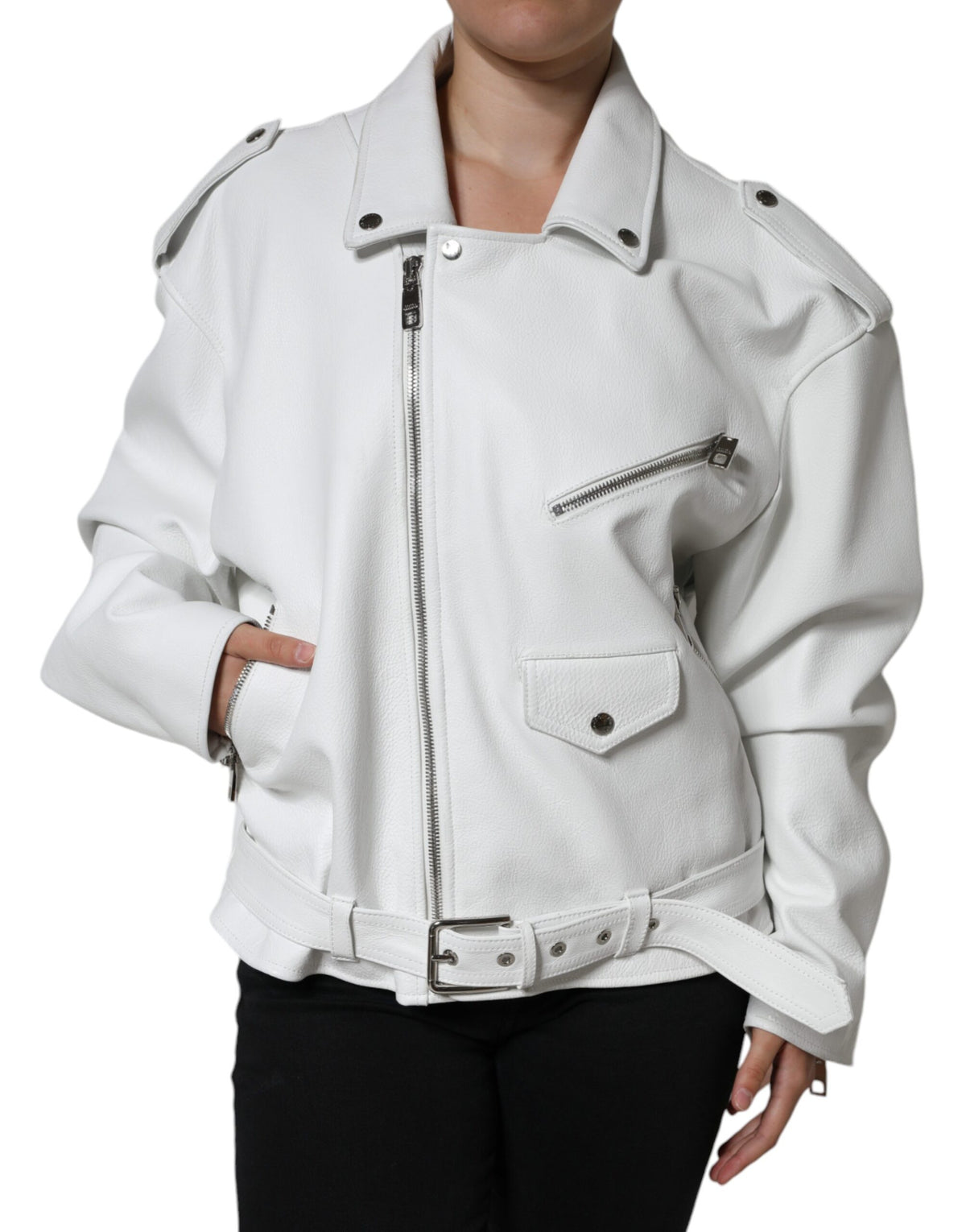 Dolce & Gabbana Weiße Bikerjacke aus Lammleder