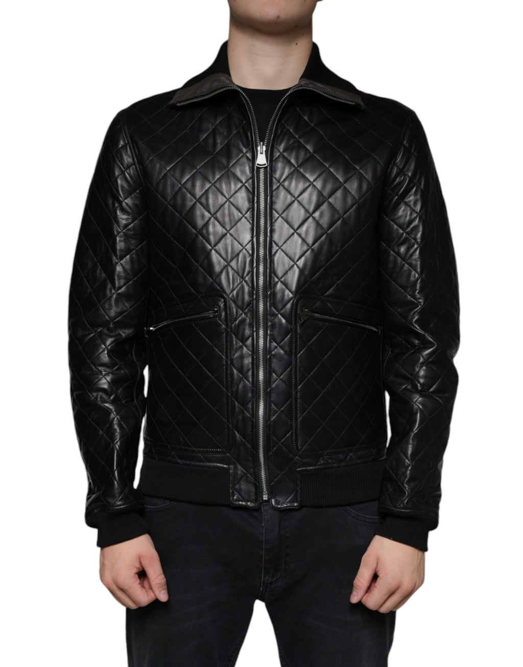 Blouson Dolce & Gabbana en cuir de veau matelassé noir avec fermeture éclair intégrale