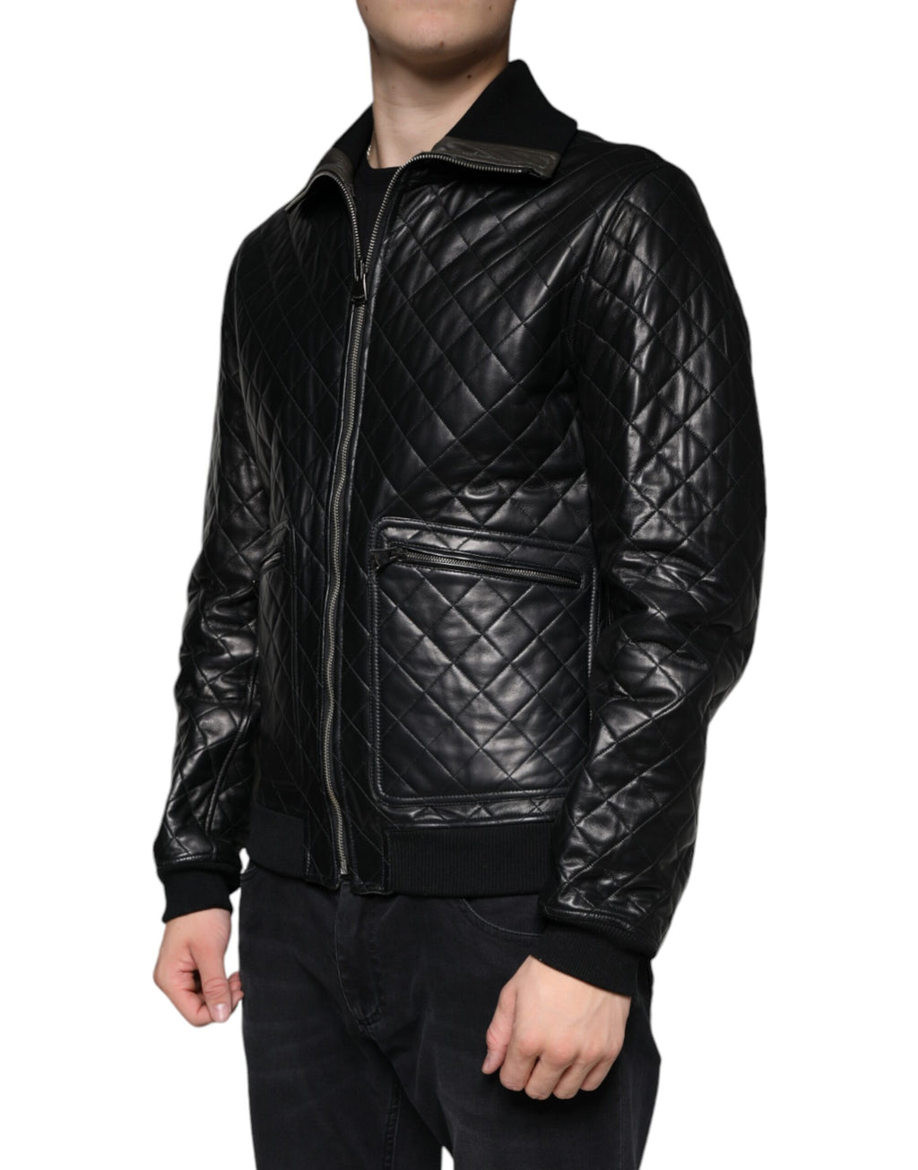 Blouson Dolce & Gabbana en cuir de veau matelassé noir avec fermeture éclair intégrale