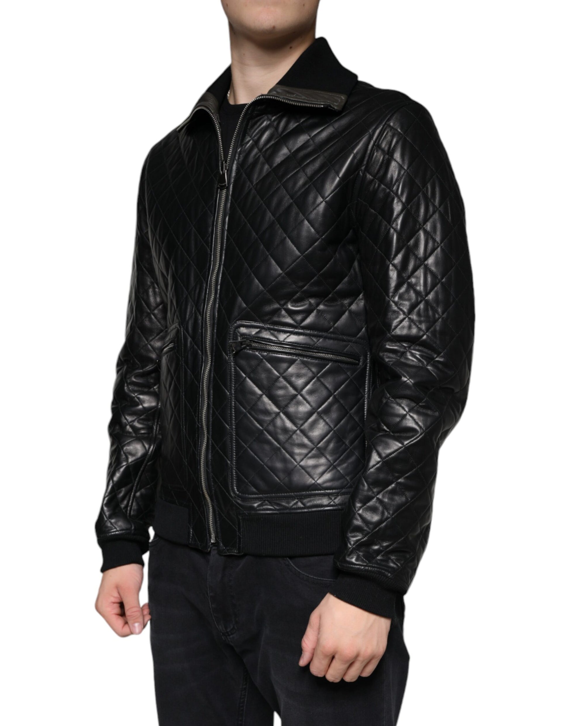 Blouson Dolce & Gabbana en cuir de veau matelassé noir avec fermeture éclair intégrale