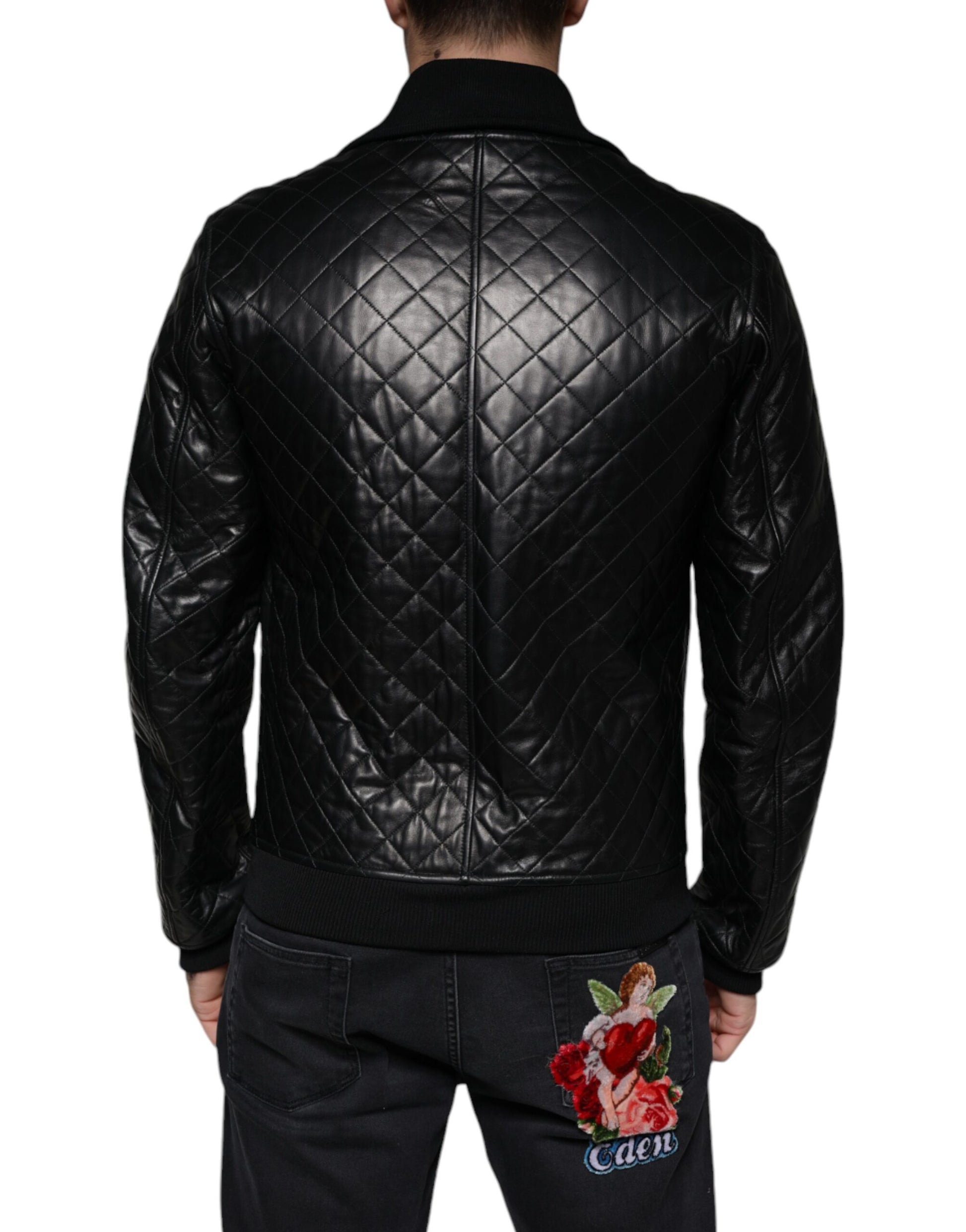 Blouson Dolce & Gabbana en cuir de veau matelassé noir avec fermeture éclair intégrale