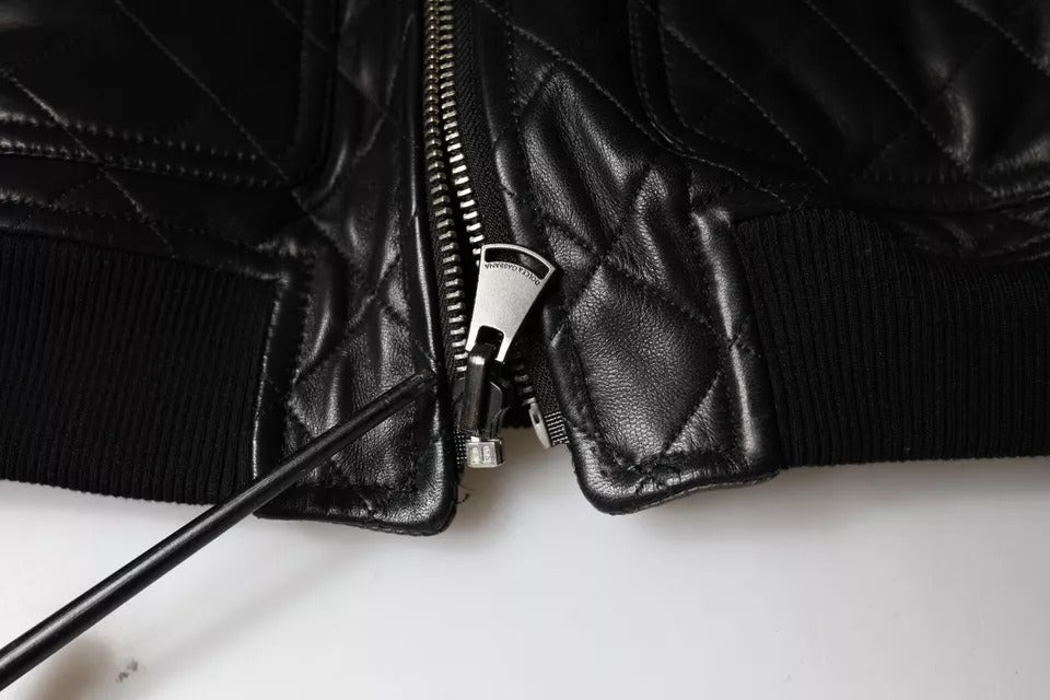 Blouson Dolce & Gabbana en cuir de veau matelassé noir avec fermeture éclair intégrale
