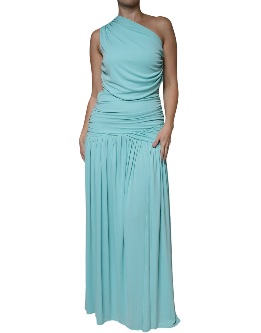 Robe longue asymétrique à drapé bleu clair en jersey Christian Pellizzari