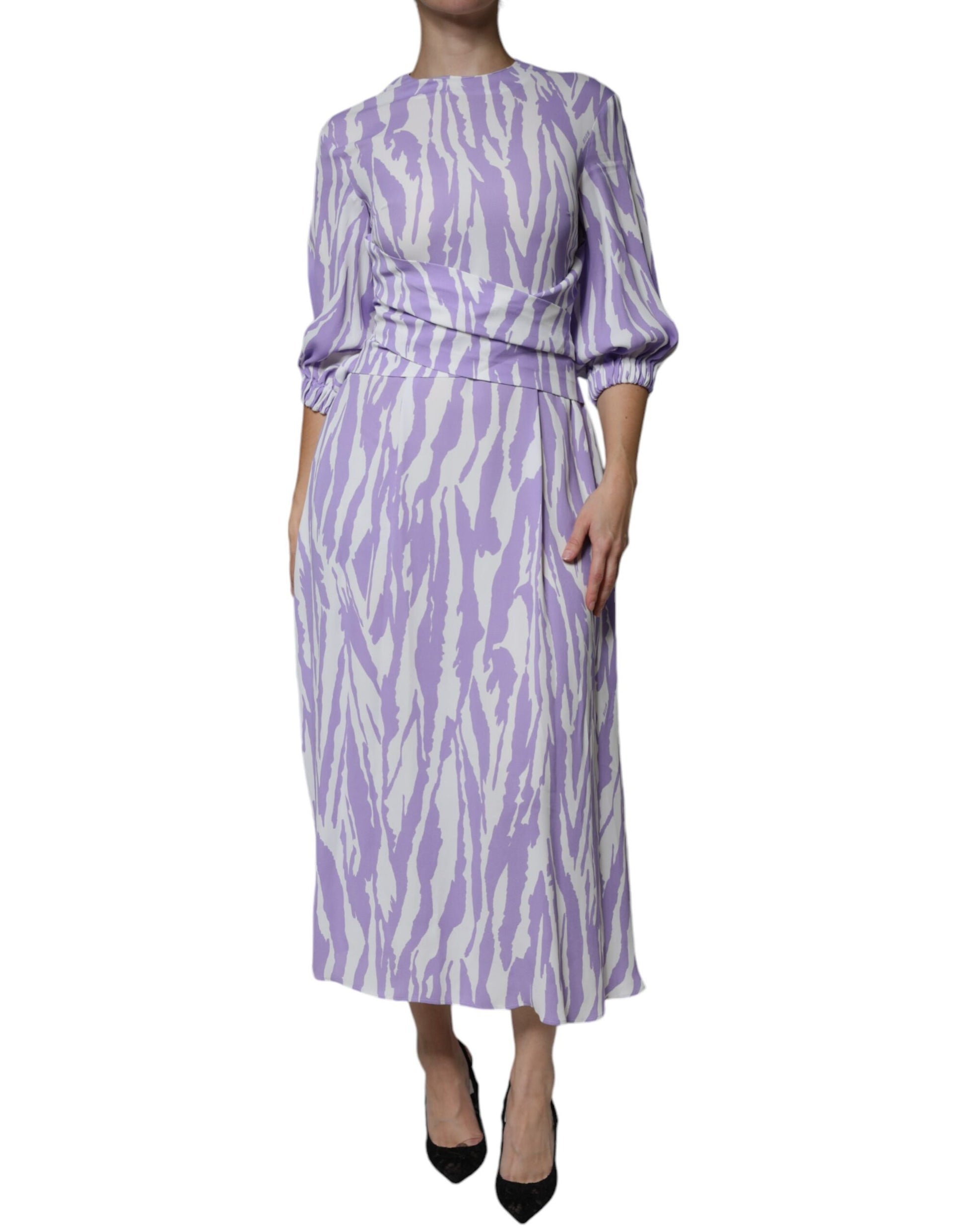 MSGM Robe longue à manches courtes en viscose à motifs blanc et violet