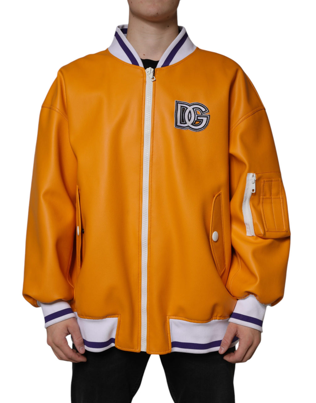 Blouson aviateur en jersey à fermeture éclair intégrale orange et blanc Dolce & Gabbana