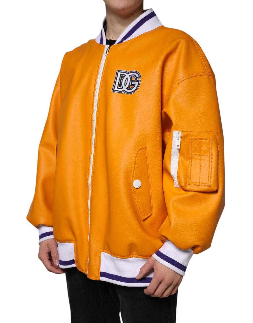 Blouson aviateur en jersey à fermeture éclair intégrale orange et blanc Dolce & Gabbana