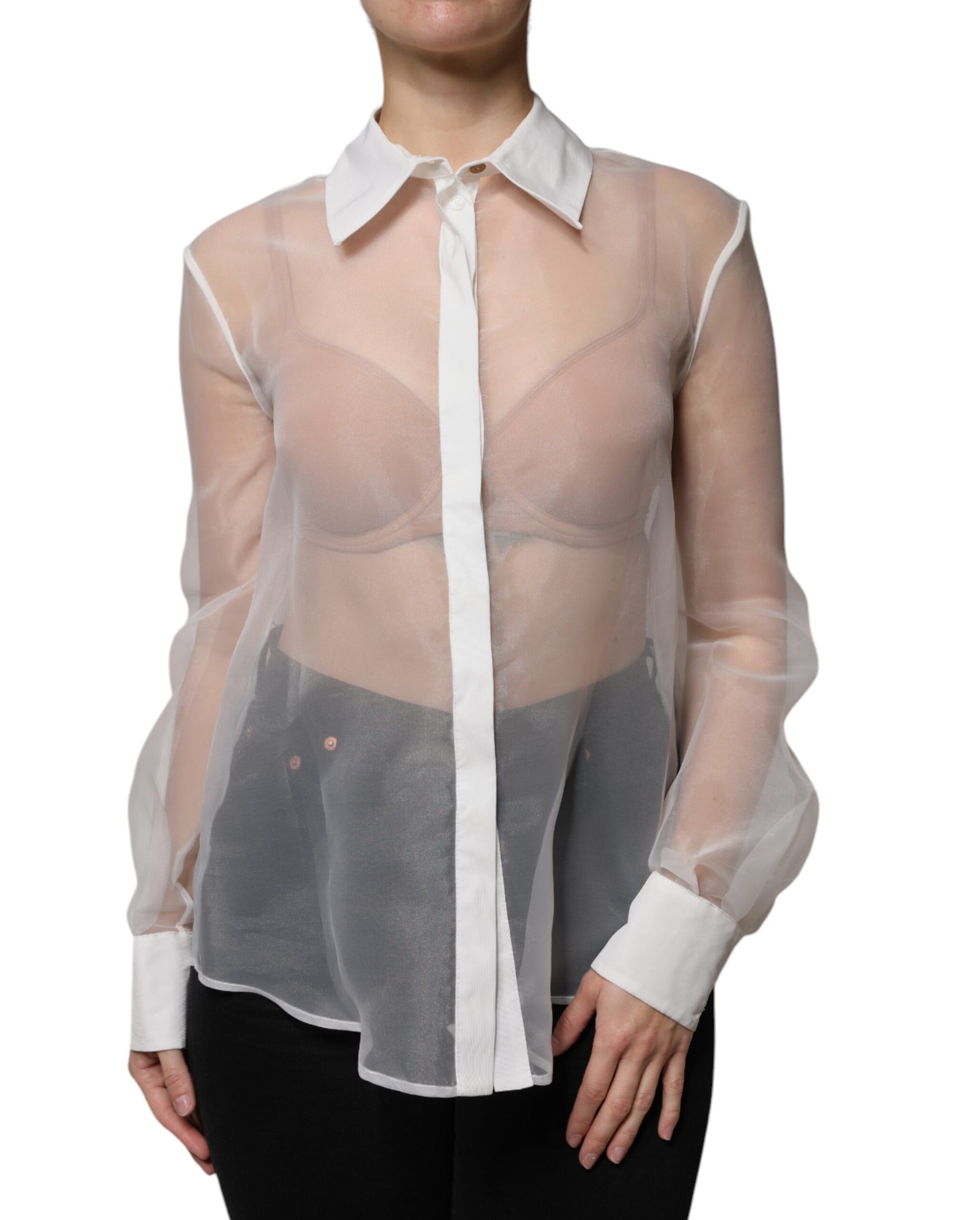 Haut à manches longues Elisabetta Franchi blanc transparent à col et boutons