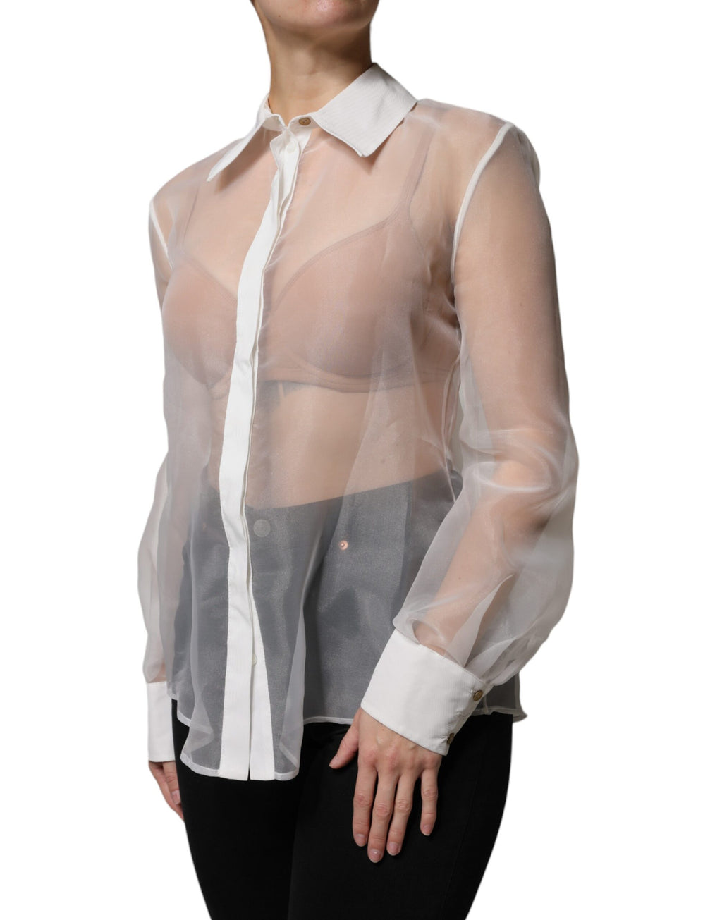 Haut à manches longues Elisabetta Franchi blanc transparent à col et boutons