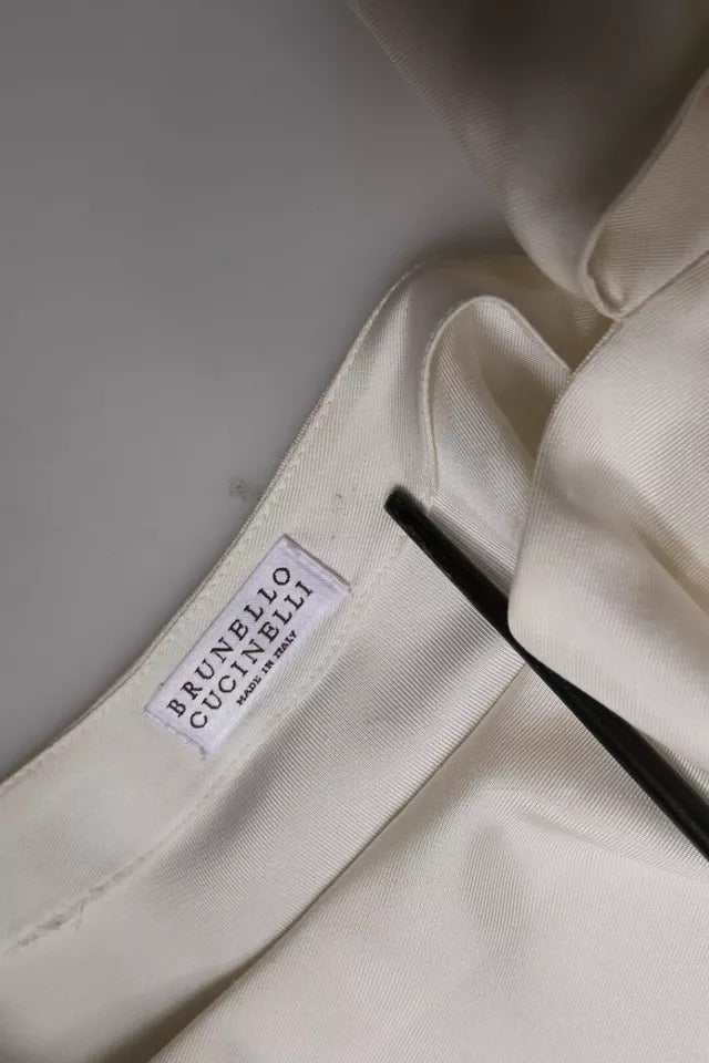 Haut en soie beige à manches longues et col lavallière Brunello Cucinelli