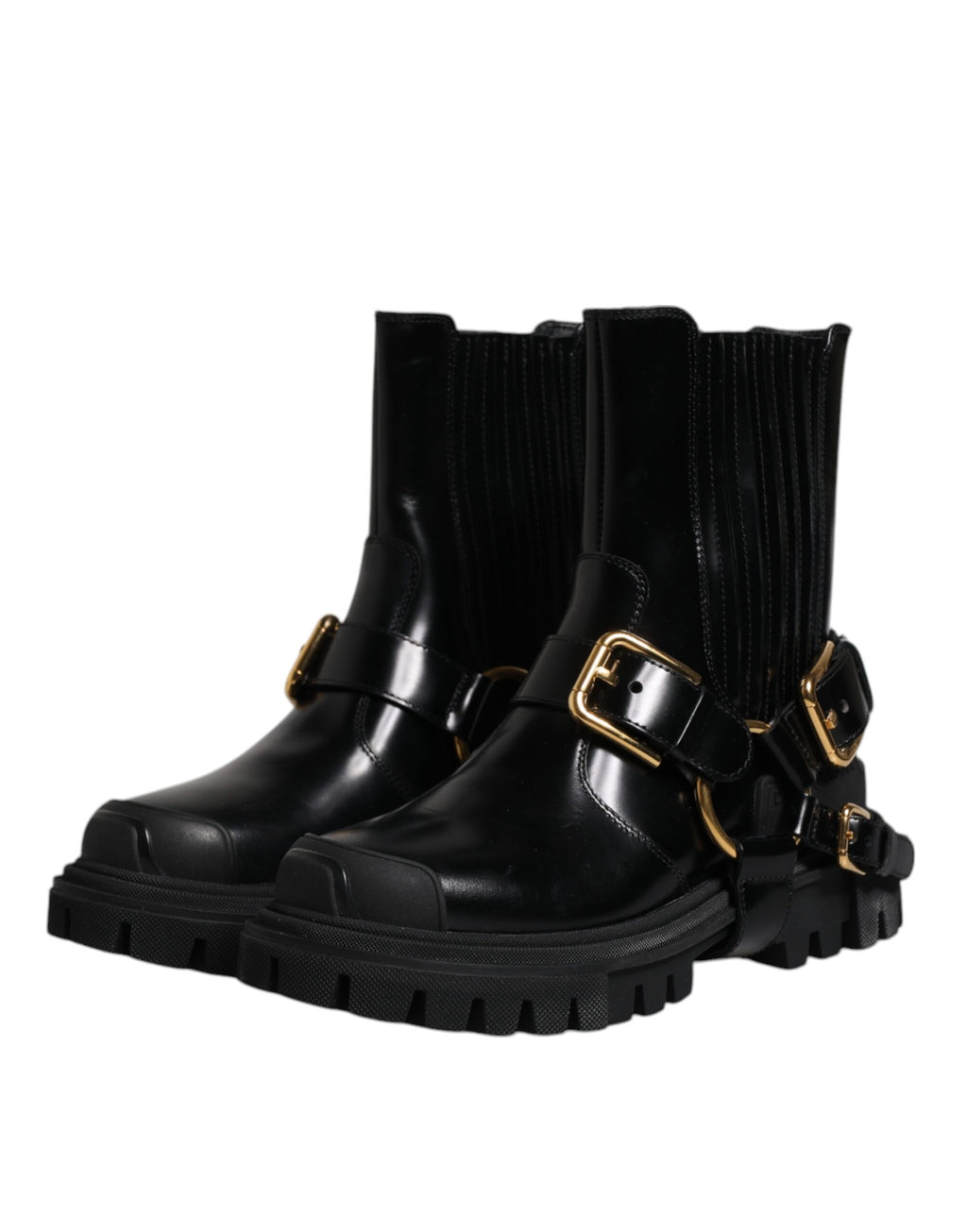 Dolce & Gabbana Schwarze Leder Slip-On Stretch Trekking Stiefel Schuhe