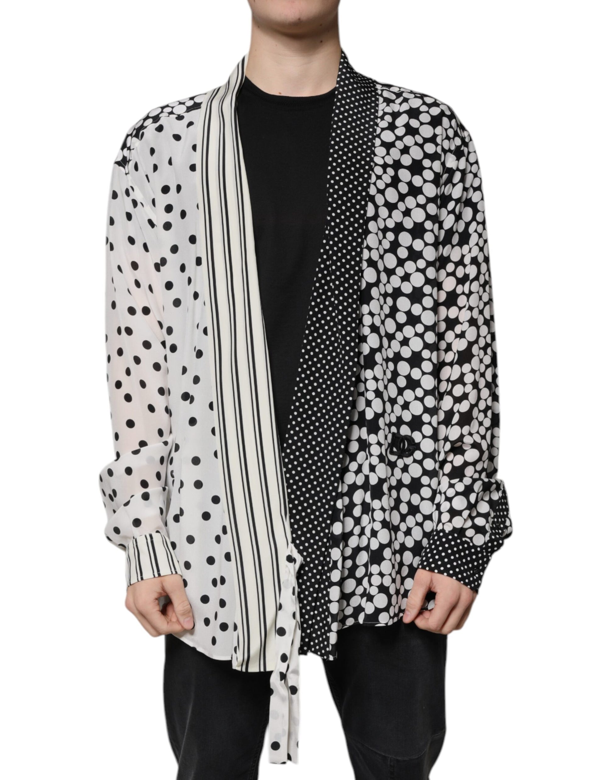 Chemise décontractée en soie à pois noirs et blancs Dolce & Gabbana pour homme
