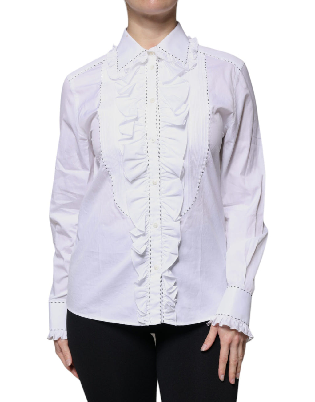 Top à manches longues en coton blanc à col à volants Dolce & Gabbana