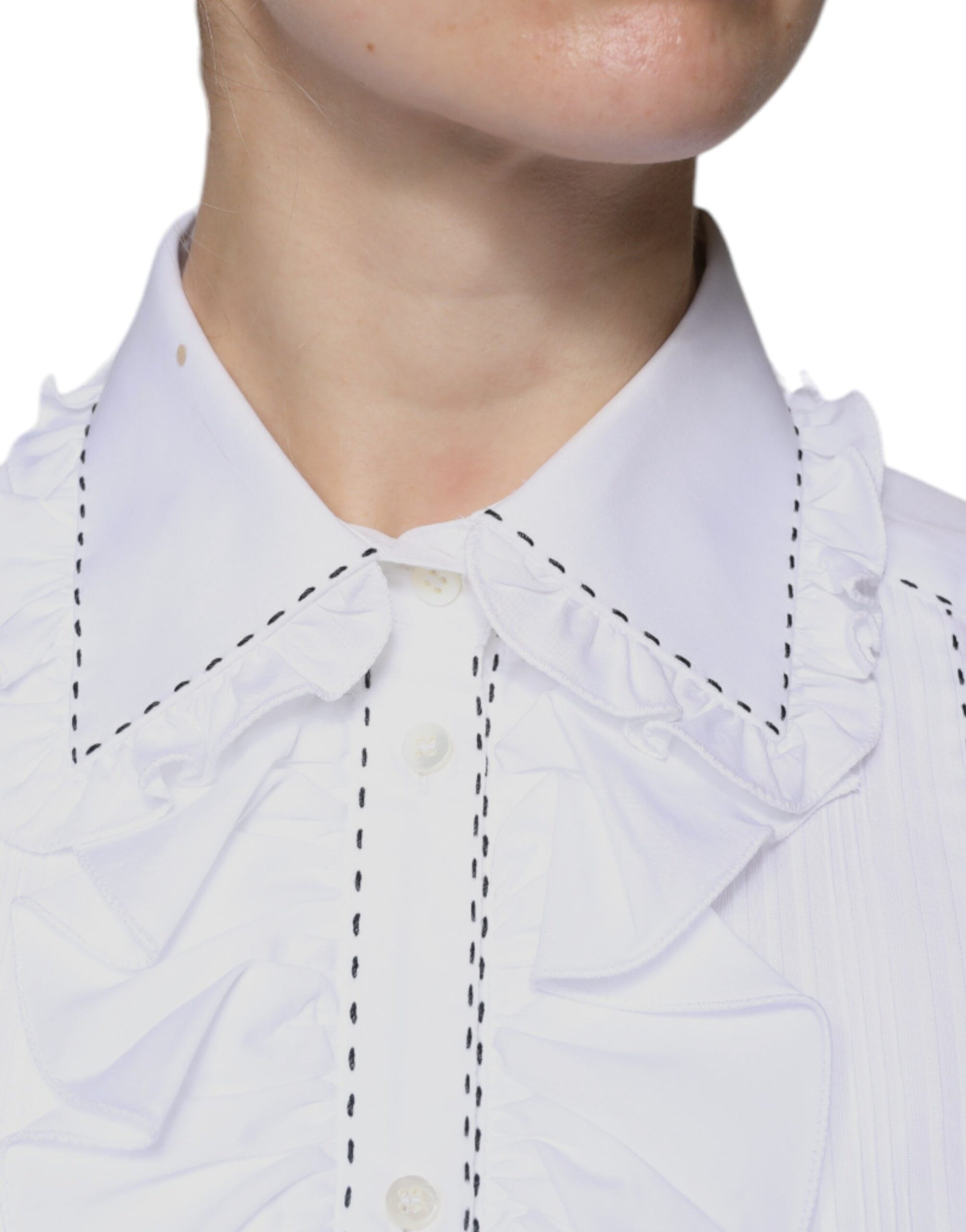 Top à manches longues en coton blanc à col à volants Dolce & Gabbana