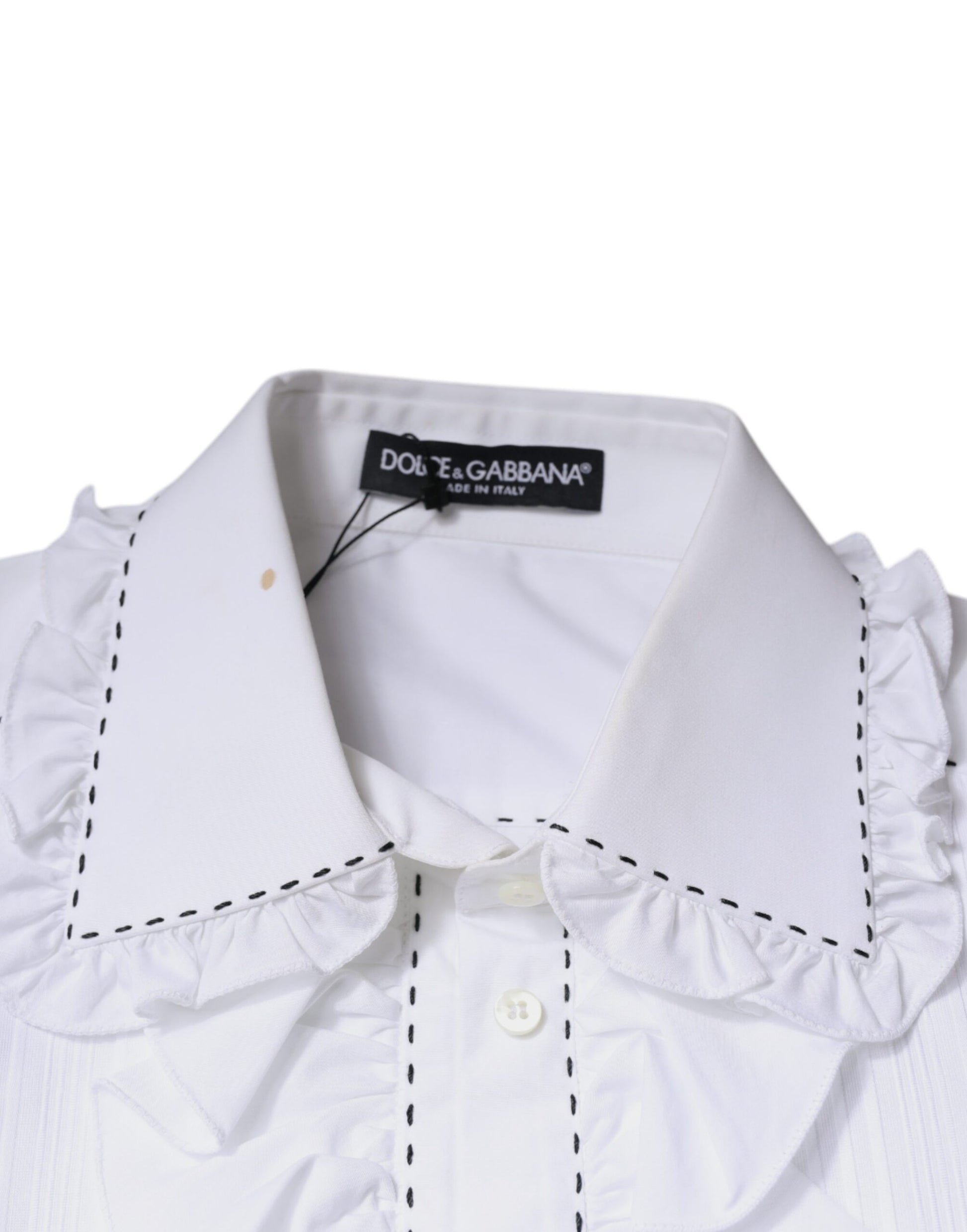 Top à manches longues en coton blanc à col à volants Dolce & Gabbana