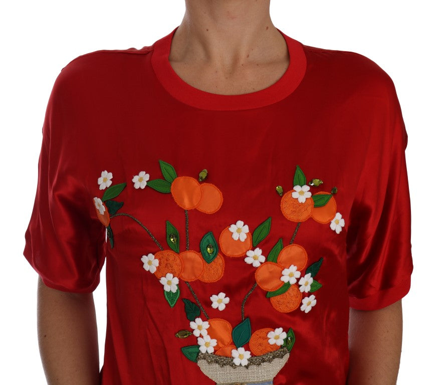Dolce & Gabbana Red Silk Orange Vase Crystal Top